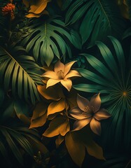 Background with abstract patterns of foliage and lush flowers