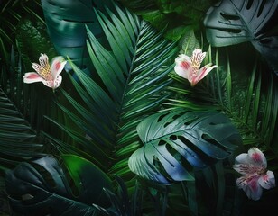 Background with abstract patterns of foliage and lush flowers