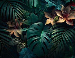 Background with abstract patterns of foliage and lush flowers