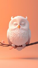 Obraz premium 3D render of A happy owl sitting on a branch on a pastel tangerine background, no peaple