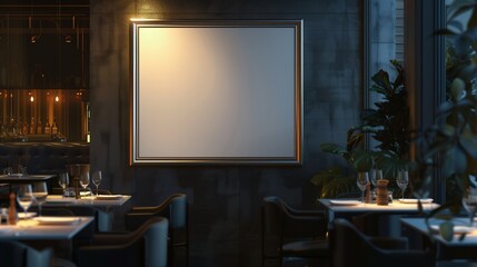 Elegant minimalist empty canvas in a high-end restaurant with sophisticated decor and ambient lighting, silver frame, perfect for dining-themed ad mockups.