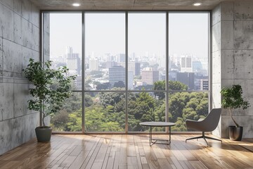 Fototapeta premium Modern office space with panoramic city view, wooden floor and concrete walls, aerial view of the city from high angle