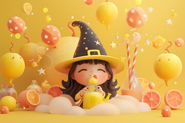 3D render of A cute witch brewing a potion on a pastel lemon background, no peaple