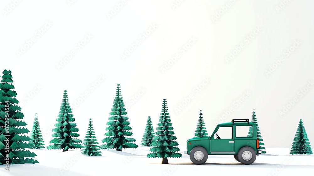 Wall mural a green jeep in a snowy forest.