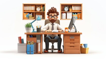 Fototapeta premium Cartoon Businessman Working at His Desk