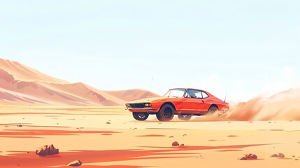 Obraz premium A red sports car speeding through a desert with sand kicking up behind it.