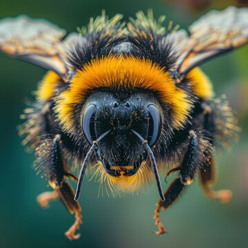 A detailed, close-up image showcasing the vibrant colors and intricate details of a bumblebee in flight, capturing the essence of its natural beauty and important role in pollination