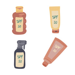 SPF cream spray flat design set of four