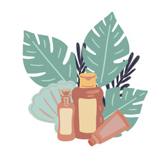 Body cream spray set with leaves skin care flat design