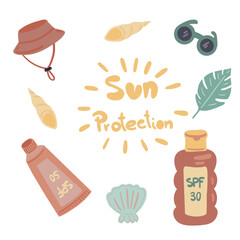 Sun protection flat design set summer sea beach