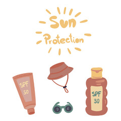 Sun protection flat design set with creams sun hat and sun glasses
