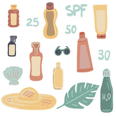 Spf creams set summer protection sun flat design