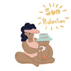 Mum with baby on beach flat design spf sun protection set