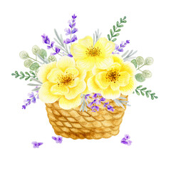 Watercolor yellow roses bouquet. Summer arrangements with light lemon flowers and lavender