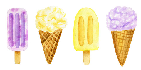 Watercolor illustration of ice-cream lolly and cones. Hand drawn sweet summer colorful dessert set