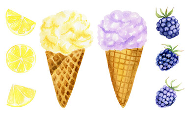 Watercolor illustration of ice-cream lolly and cones with lemon and blackberry. Hand drawn sweet summer dessert set