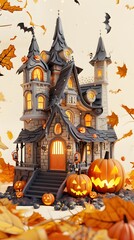 3D render of A haunted house with cheerful jack-o'-lanterns on a pastel ivory background, no peaple