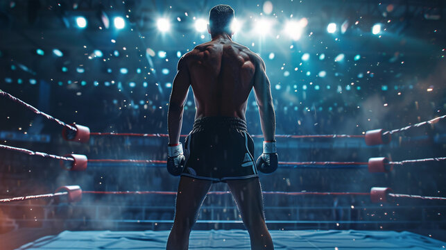 Boxer or MMA figher stands inside boxing ring in stadium, ready to fight and compete