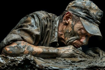 Obraz premium Man Covered In Mud Reaching Into The Swamp