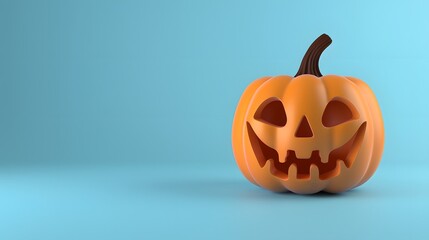 3D render of A smiling jack-o-lantern on a pastel blue background, no peaple