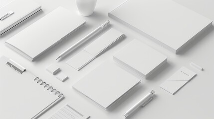 Corporate stationery set mockup on white textured paper background featuring business cards, letterheads, envelopes, and notepads with ample copy space for branding and design presentations