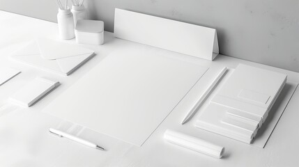 Corporate stationery set mockup on white textured paper background featuring business cards, letterheads, envelopes, and notepads with ample copy space for branding and design presentations