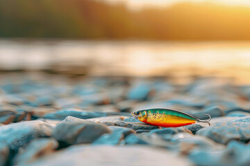 Colorful fishing bait, on a pebble beach against the background of the river, fishing invitation concept