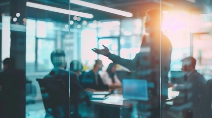 Business meeting with presentation in conference room with standing speaker. Professional discussion, teamwork, and corporate collaboration in office setting.