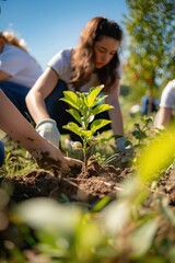 Fototapeta premium Young volunteers planting trees in a community garden, fostering environmental conservation and teamwork on a sunny day.