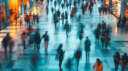 Dynamic scene of blurred business professionals walking through modern office entrance in corporate setting, capturing the hustle and bustle of urban work environment and high-paced business activity