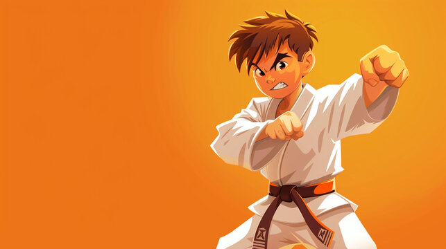 Cartoon style young martial arts player boy in challenge pose for training and success at self defense sports like karate, kung fu or judo championships as wide banner with copy space area