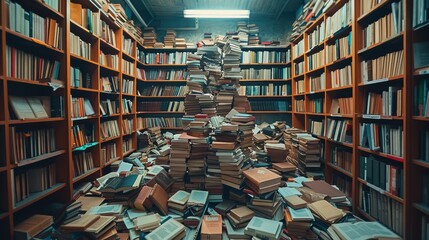 Fototapeta premium A cluttered library room filled with numerous stacks of books, with bookshelves lining the walls and books scattered across the floor in a chaotic yet fascinating manner