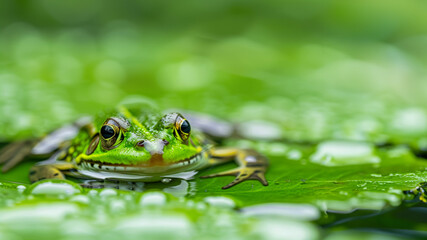 Obraz premium Frog on a water lily leaf in a pond, close-up and selective focus, fauna and flora protection concept