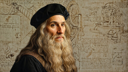 Leonardo da Vinci, Renaissance polymath, depicted with intricate sketches and manuscripts in background, showcasing his profound contributions to art and science