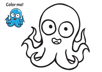 Color me! Sea creatures Octopus found in the ocean, hand drawn pictures, for kids and elementary school, printable