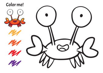 Color me! Sea creatures Crab found in the ocean, hand drawn pictures, for kids and elementary school, printable with pencil colors  to use