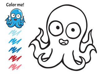 Color me! Sea creatures Octopus found in the ocean, hand drawn pictures, for kids and elementary school, printable with pencil colors  to use