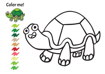 Color me! Sea creatures Turtle  found in the ocean, hand drawn pictures, for kids and elementary school, printable with pencil colors  to use