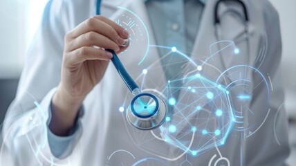 Doctor holding a stethoscope with futuristic medical data hologram for advanced healthcare technology concept.