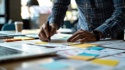 Focused professional planning strategy with notes and diagrams on a wooden desk in a modern workspace.