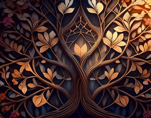 Background with delicate tree branches and flowers creating a geometric pattern