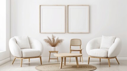 Light and airy living room with a blank canvas on the wall, neutral-toned furniture, and pampas grass, creating a cozy and minimalist vibe.