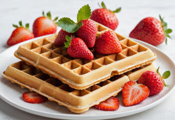Commercial photography of waffles in a palet with Strawberry, leaf on white color background,side view