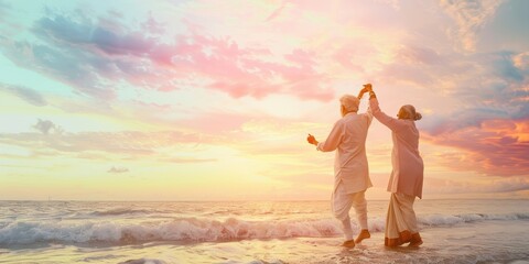 Elderly couple dancing barefoot on a beach, with the woman's dress flowing in the wind and a pastel sky background.