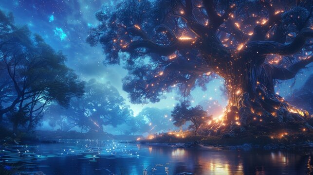 Ori and the Blind Forest style magical forest tall trees and river with a clear water at night with big magic glowing creatures 
