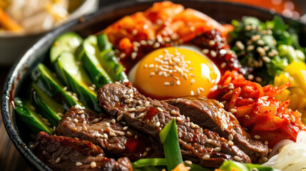 Korean bibimbap with beef, fresh vegetables, kimchi, raw egg yolk, and sesame seeds in a bowl