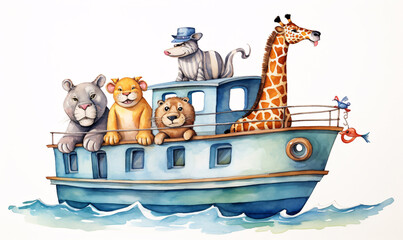 Obraz premium Cartoon boat with lion driver and tiger, cougar, hyena and giraffe on the boat. Animals sail the sea. Watercolor style.