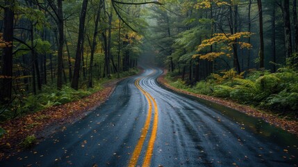 A winding road through a serene and dense forest in autumn, showcasing vibrant foliage and the quiet embrace of nature, inviting a peaceful journey through the misty landscape