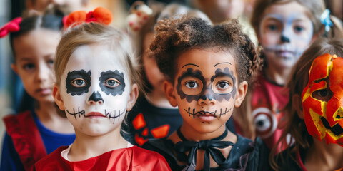 Obraz premium Festive group of six costumed children ready for Halloween fun.