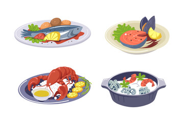 Seafood Dishes Vector Illustration isolated